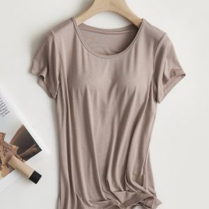 Cozy Built-in Bra Padded Push-Up Stretchable Modal T-shirt, T-shirts, color:Khaki|size:XXL, catalog Noracora shop