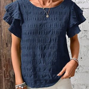 Crew Neck Short Sleeve Plain Regular Loose Shirt For Women, Blouses, color:Navyblue|size:XXL, catalog Noracora shop