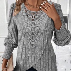 Crew Neck Long Sleeve Plain Lace Regular Regular Fit Blouse For Women, Blouses, color:Gray|size:5XL, catalog Noracora shop