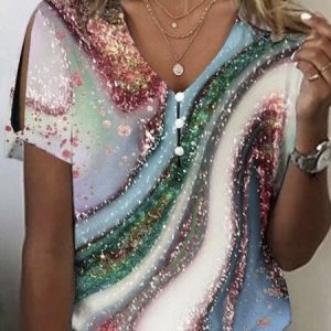 V Neck Short Sleeve Random Print Lightweight Loose Shirt For Women, T-shirts, color:Multicolor|size:XXL, catalog Noracora shop