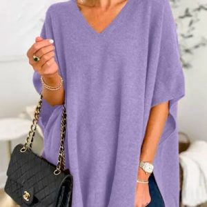Women Wool/Knitting Plain Short Sleeve Comfy Casual Sweater, Sweaters, color:Purple|size:XL, catalog Noracora shop
