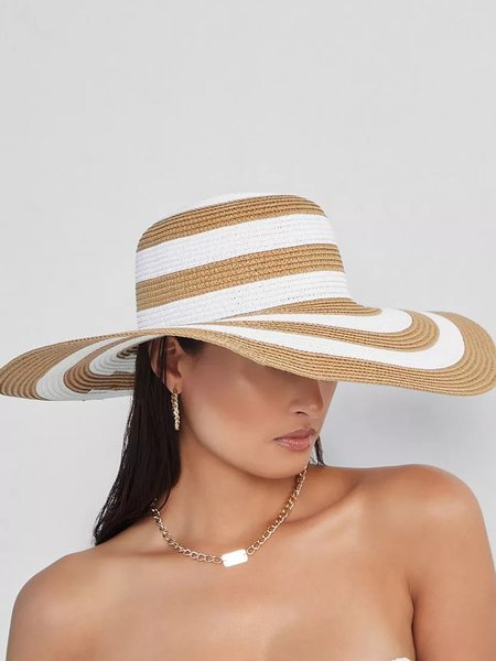 Stripes Floppy Straw Hat, Hats, color:Khaki|size:One-size, Stylewe