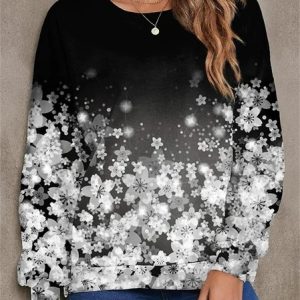 Casual Crew Neck Floral Sweatshirt, Sweaters, color:Black|size:5XL, catalog Noracora shop