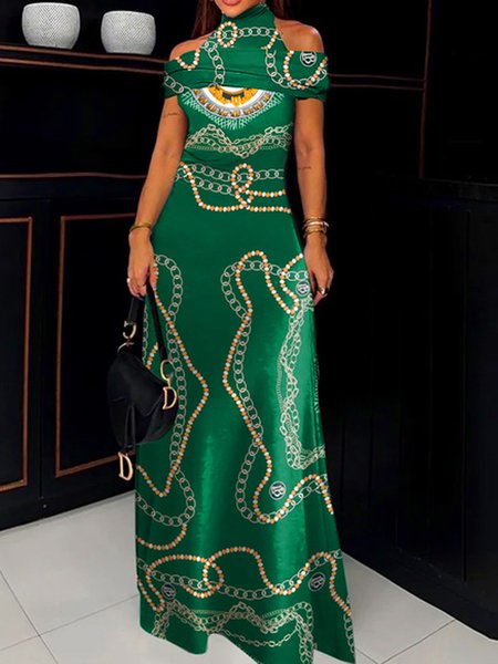 Regular Fit Halter Abstract Urban Dress, Maxi Dresses, color:Green|size:XXL, Stylewe