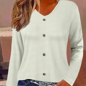 V Neck Long Sleeve Plain Regular Loose Blouse For Women, Blouses, color:White|size:5XL, catalog Noracora shop