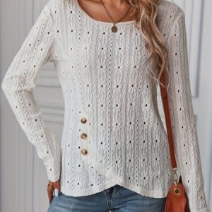 Crew Neck Long Sleeve Plain Regular Loose Shirt For Women, T-shirts, color:Apricot|size:XXL, catalog Noracora shop