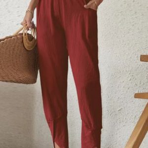 Casual Plain Long Elastic Waist Pocket Stitching Pant, Pants, color:Wine Red|size:XXL, catalog Noracora shop