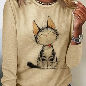 Loose Cotton Cat Casual T-Shirt, Long sleeves, Lilicloth.com
