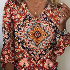 Casual Ethnic V Neck Three Quarter Sleeve T-shirt, T-shirts, color:Red|size:XXL, catalog Noracora shop