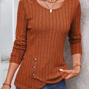 Casual Plain Crew Neck Long Sleeve T-shirt, T-shirts, color:Caramel|size:XXL, catalog Noracora shop