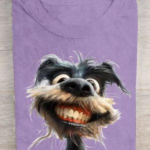 Funny Toothed Dog Printed Round Neck T-shirt, T-shirts, Lilicloth.com