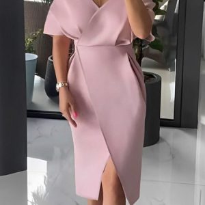 Elegant Cross Neckline Midi Dress, Midi Dresses, color:Pink|size:XXL, Stylewe