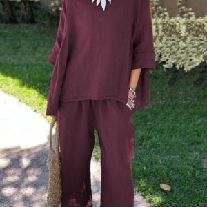 Women Plain Crew Neck Three Quarter Sleeve Comfy Casual Top With Pants Two-Piece Set, Sets, color:Wine Red|size:5XL, catalog Noracora shop
