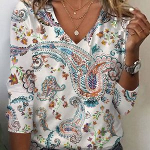 Women's Long Sleeve Tee T-shirt Spring/Fall Paisley Jersey V Neck Daily Going Out Casual Top White, JustFashionNow T-Shirts, color:White|size:XXL,