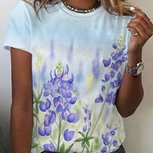 Women's Short Sleeve Tee T-shirt Summer Floral Cotton V Neck Daily Going Out Casual Top Blue, JustFashionNow T-Shirts, color:Blue|size:XXL,