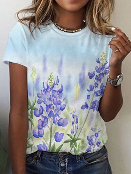Women's Short Sleeve Tee T-shirt Summer Floral Cotton V Neck Daily Going Out Casual Top Blue, JustFashionNow T-Shirts, color:Blue|size:XXL,