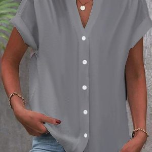 Stand Collar Short Sleeve Plain Regular Loose Blouse For Women, Shirts, color:Gray|size:XXL, catalog Noracora shop
