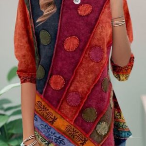 Women's Long Sleeve Tee T-shirt Spring/Fall Ethnic Jersey Crew Neck Daily Going Out Casual Top, JustFashionNow T-Shirts, color:Red Brown|size:XXL,