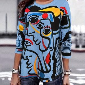 Casual Face Crew Neck Long Sleeve T-shirt, Blouses, color:Blue|size:5XL, catalog Noracora shop