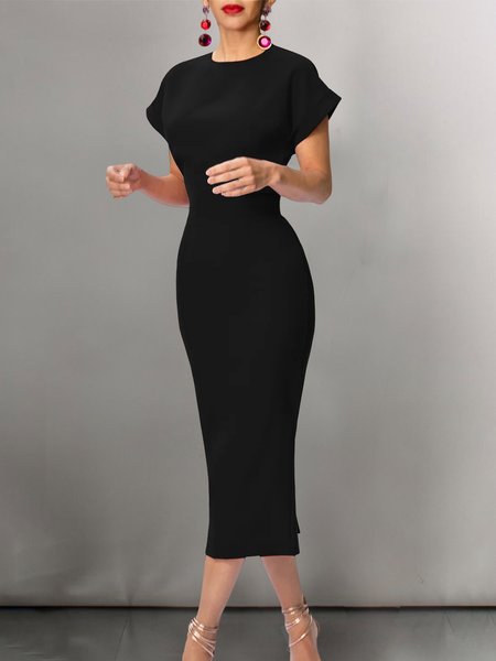 Urban Crew Neck Tight Midi Dress, Midi Dresses, color:Black|size:XS, Stylewe