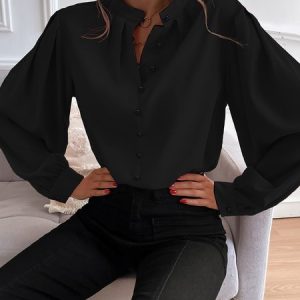 V Neck Long Sleeve Plain Lace Regular Regular Fit Blouse For Women, Blouses, color:Black|size:XXL, catalog Noracora shop