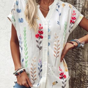V Neck Short Sleeve Floral Regular Loose Blouse For Women, Shirts, color:White|size:XXL, catalog Noracora shop