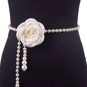 Elegant Camellia Flower Waist Chain Faux Pearls Necklace, JustFashionNow Belts, color:White|size:One-size,