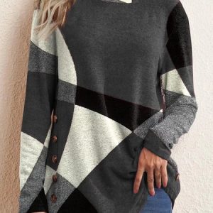 Crew Neck Three Quarter Sleeve Plaid Regular Loose Blouse For Women, Blouses, color:Gray|size:5XL, catalog Noracora shop