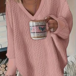 Casual V Neck Animal Sweatshirt, Hoodies & Sweatshirts, color:Pink|size:XXL, catalog Noracora shop