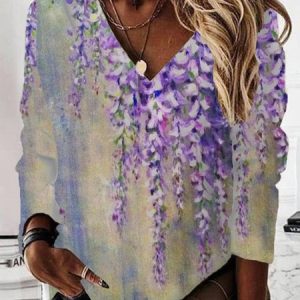 Casual V Neck Floral Sweatshirt, Hoodies & Sweatshirts, color:Purple|size:XXL, catalog Noracora shop
