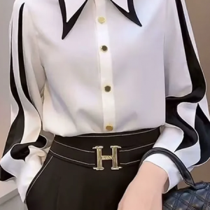 Plus Size Loose Color Block Shirt Collar Long Sleeve Urban Regular Sleeve Shirt, Plus Tops, color:Black-white|size:4X, Stylewe