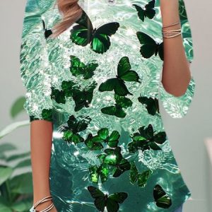 Casual Butterfly Crew Neck Long Sleeve T-shirt, Blouses, color:Green|size:XXL, catalog Noracora shop