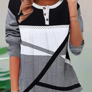 Crew Neck Long Sleeve Geometric Regular Micro-Elasticity Loose Blouse For Women, Blouses, color:Gray|size:3XL, catalog Noracora shop