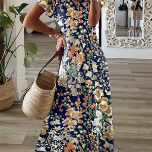 Women Floral V Neck Short Sleeve Comfy Casual Maxi Dress, Maxi, color:Blue|size:XXL, catalog Noracora shop