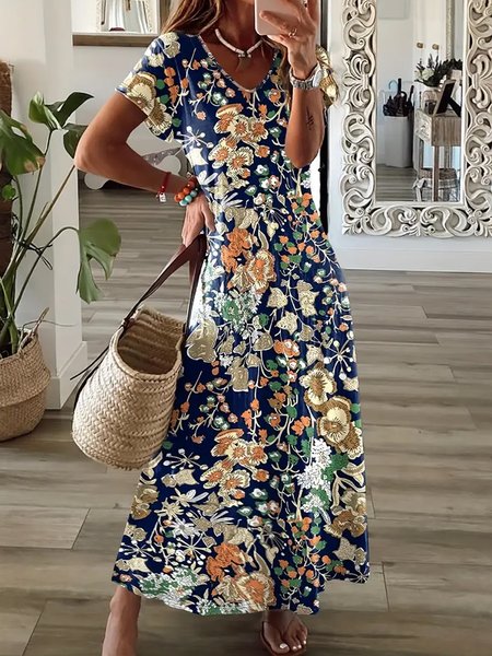 Women's Short Sleeve Summer Floral V Neck Daily Going Out Casual Maxi A-Line T-Shirt Dress Dress Blue, JustFashionNow Dresses, color:Blue|size:XXL,