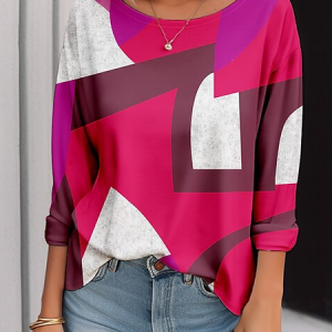 Crew Neck Long Sleeve Plaid Lace Regular Loose Blouse For Women, Blouses, color:Rose Red|size:XXL, catalog Noracora shop