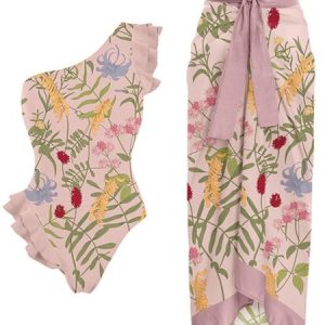 Vacation Plants Printing One Shoulder One Piece With Cover Up, Swimwear, color:Pink|size:XXL, catalog Noracora shop