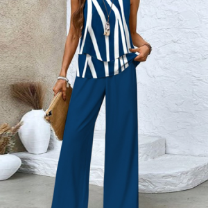 Women Color Block Square Neck Sleeveless Comfy Casual Top With Pants Two-Piece Set, Jumpsuits&Rompers, color:Dark Blue|size:XXL, catalog Noracora shop