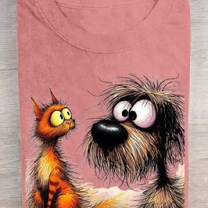 Crew Neck Cat Casual Loose T-Shirt, T-shirts, Lilicloth.com