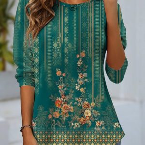 Casual Floral Crew Neck Long Sleeve T-shirt, Blouses, color:Green|size:XXL, catalog Noracora shop