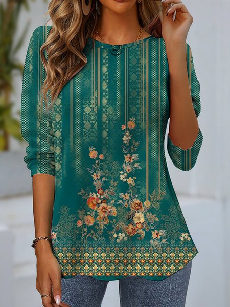 Women's Long Sleeve Tee T-shirt Spring/Fall Floral Jersey Crew Neck Daily Going Out Casual Top Green, JustFashionNow T-Shirts, color:Green|size:XXL,