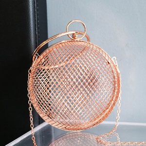 Metal Hollow Round Evening Handbag Spherical Mesh Crossbody Bag, Bags, color:Rose Gold|size:One-size, Stylewe