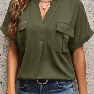 V Neck Short Sleeve Plain Regular Regular Fit Shirt For Women, Blouses, color:Army Green|size:XL, catalog Noracora shop