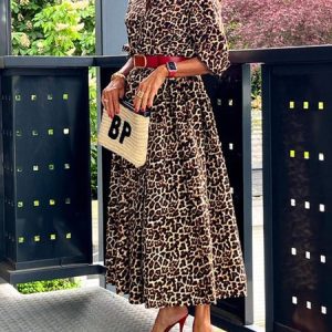 Urban Regular Fit Leopard Pockets Shirt Dress, Maxi Dresses, color:Brown|size:XXL, Stylewe