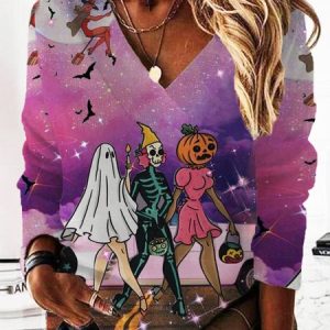 Casual V Neck Halloween Sweatshirt Printing, Hoodies & Sweatshirts, color:Purple|size:XXL, catalog Noracora shop