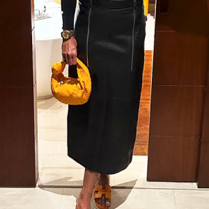 Regular Fit Casual Faux Leather Midi Skirt, Skirts, color:Black|size:XXL, Stylewe