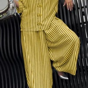 Women Striped Shirt Collar Long Sleeve Comfy Casual Top With Pants Two-Piece Set, Sets, color:Yellow|size:5XL, catalog Noracora shop
