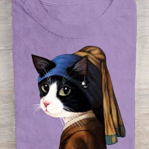 Casual Summer Cat Short Sleeve Loose Crew Neck T-shirt, T-shirts, Lilicloth.com