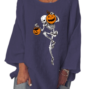 Crew Neck Long Sleeve Halloween Regular Micro-Elasticity Loose Blouse For Women, Blouses, color:Purplish blue|size:5XL, catalog Noracora shop