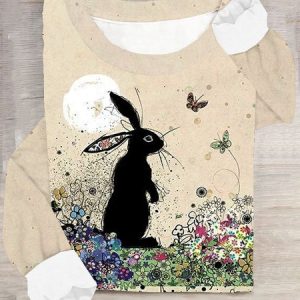 Rabbit & Flower Printed Round Neck Casual Long Sleeve T-shirt, Long sleeves, Lilicloth.com